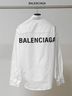 Balenciaga long-sleeve button-up shirt, white, back print, buttoned collar.