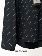 Balenciaga long-sleeve shirt hem, black with allover logo print and buttons