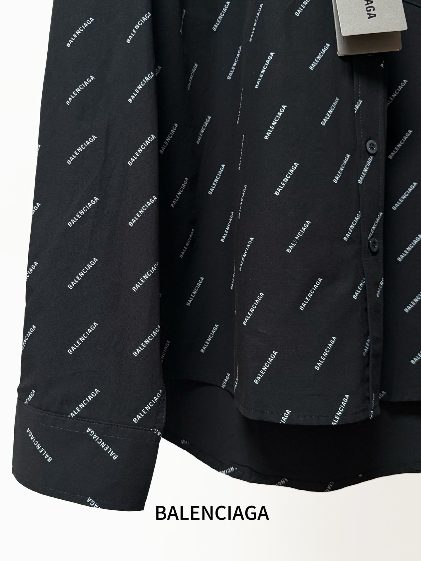 Balenciaga long-sleeve shirt hem, black with allover logo print and buttons