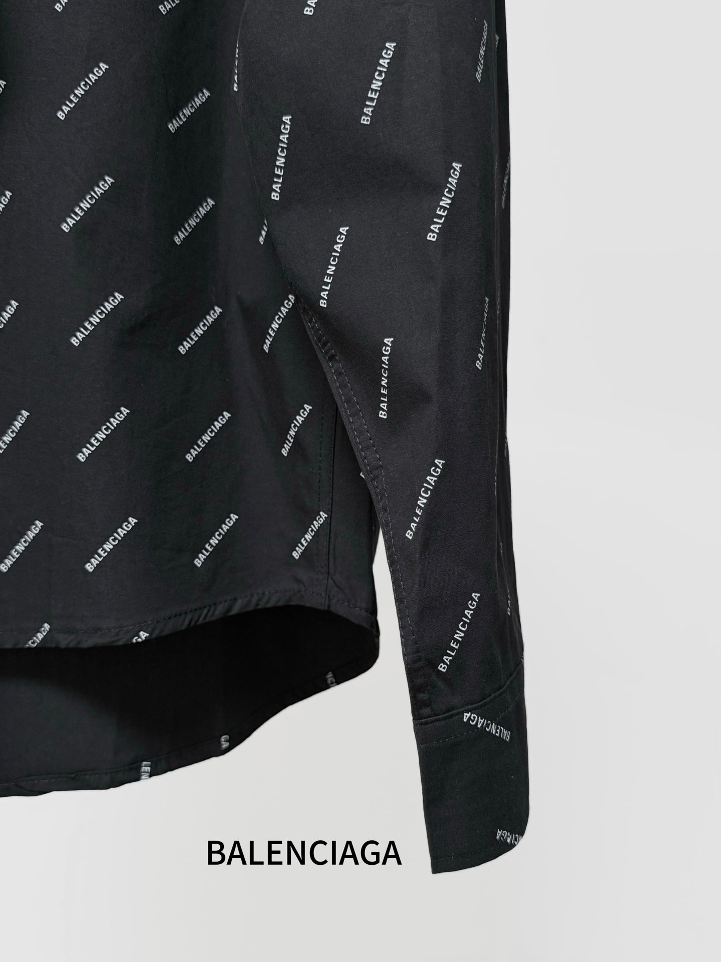 Balenciaga long-sleeve shirt cuff, black with allover logo print