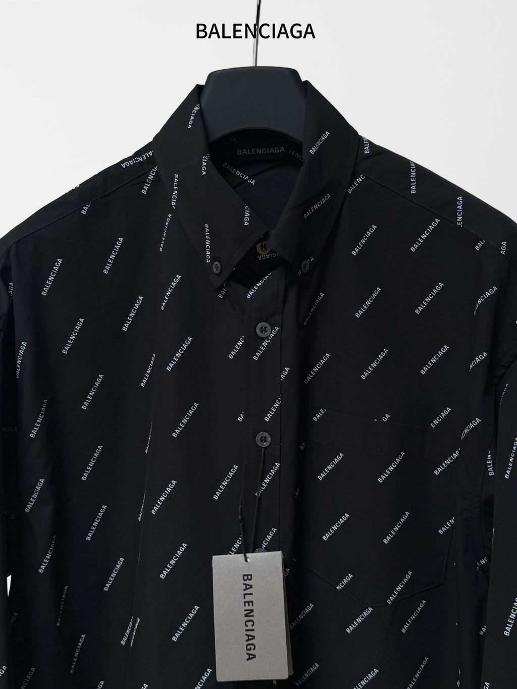 Balenciaga long-sleeve shirt, black with allover logo print and chest pocket