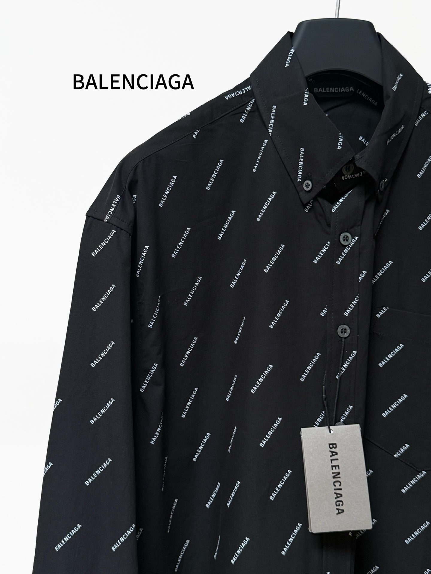 Balenciaga long-sleeve shirt, black with allover logo print, button-front detail