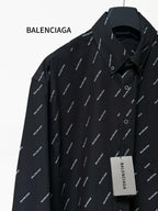 Balenciaga long-sleeve shirt, black with all-over logo print, pointed collar and buttons