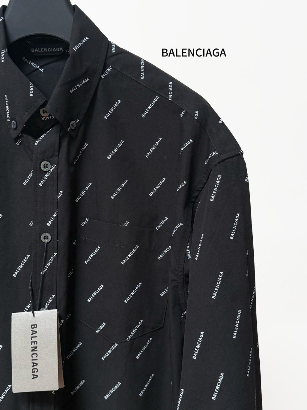 Balenciaga long-sleeve shirt, black with logo print and button placket detail