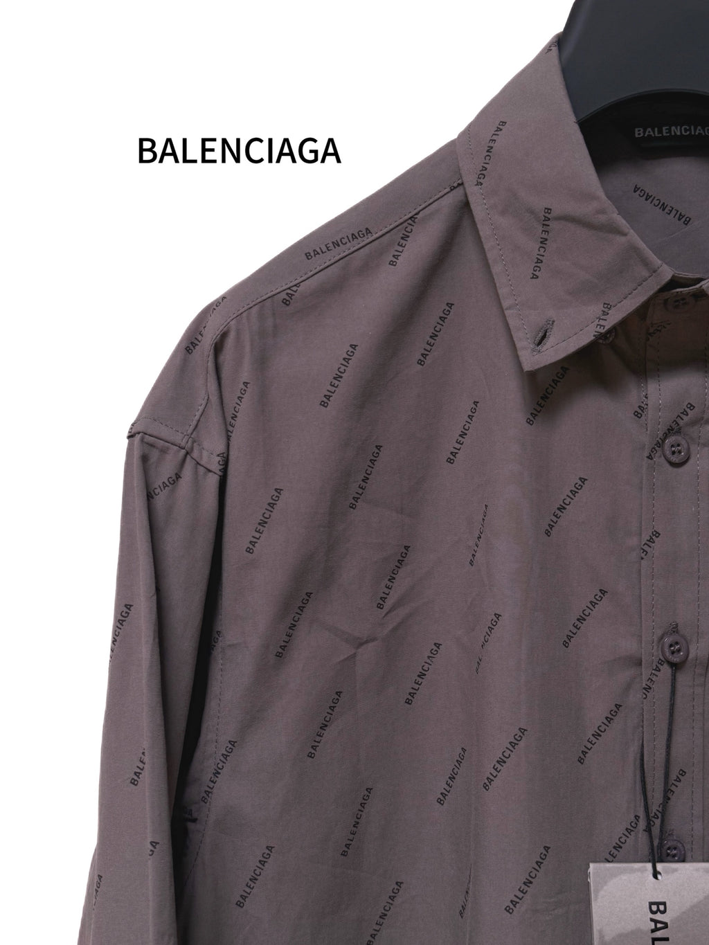 Balenciaga long-sleeve button-up shirt, gray with logo pattern, shoulder detail
