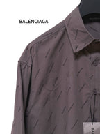 Balenciaga long-sleeve button-up shirt, gray with logo pattern, shoulder detail