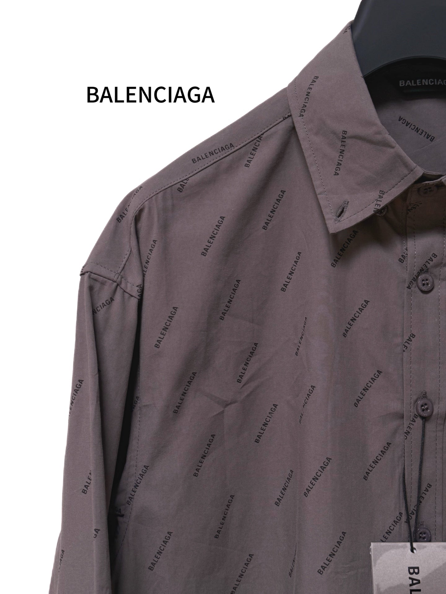 Balenciaga long-sleeve button-up shirt, gray with logo pattern, shoulder detail
