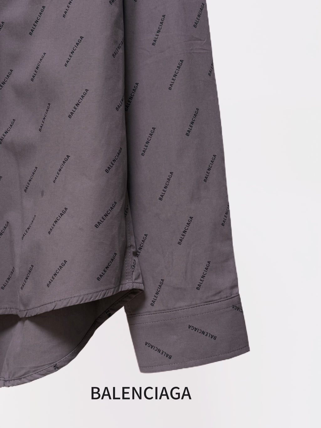 Balenciaga long-sleeve button-up shirt hem and cuffs, gray with allover logo pattern