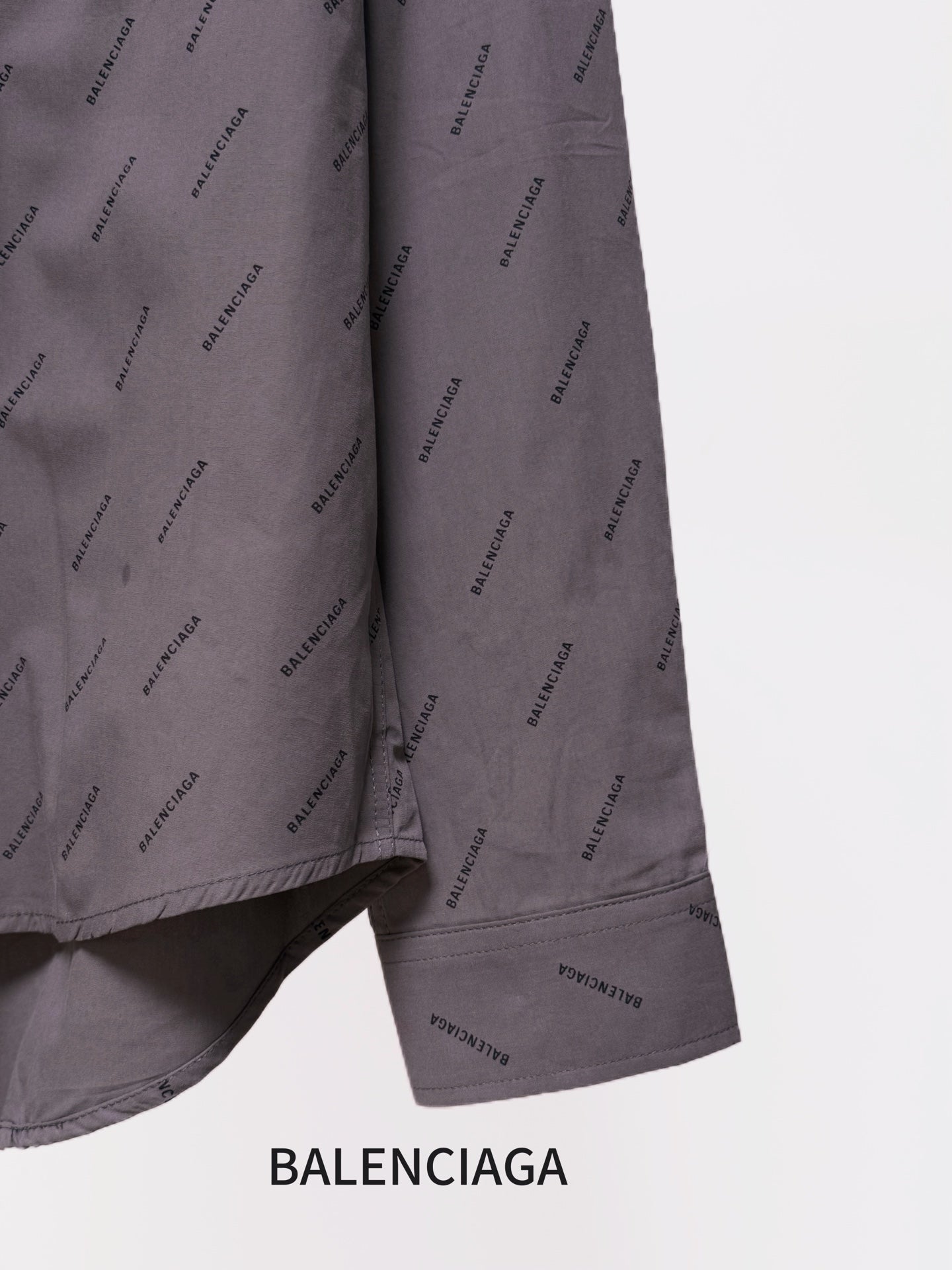 Balenciaga long-sleeve button-up shirt hem and cuffs, gray with allover logo pattern