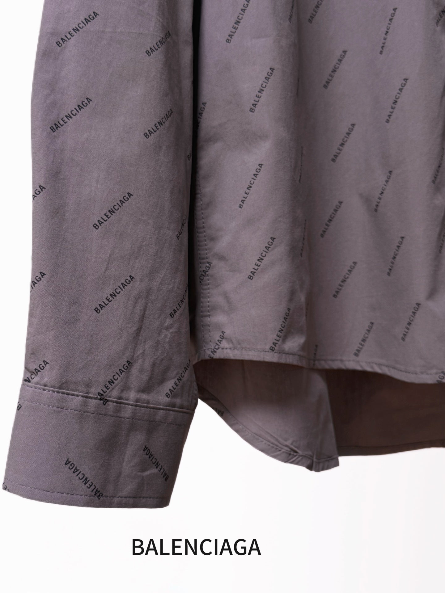 Balenciaga long-sleeve button-up shirt, gray fabric with repeating logo print