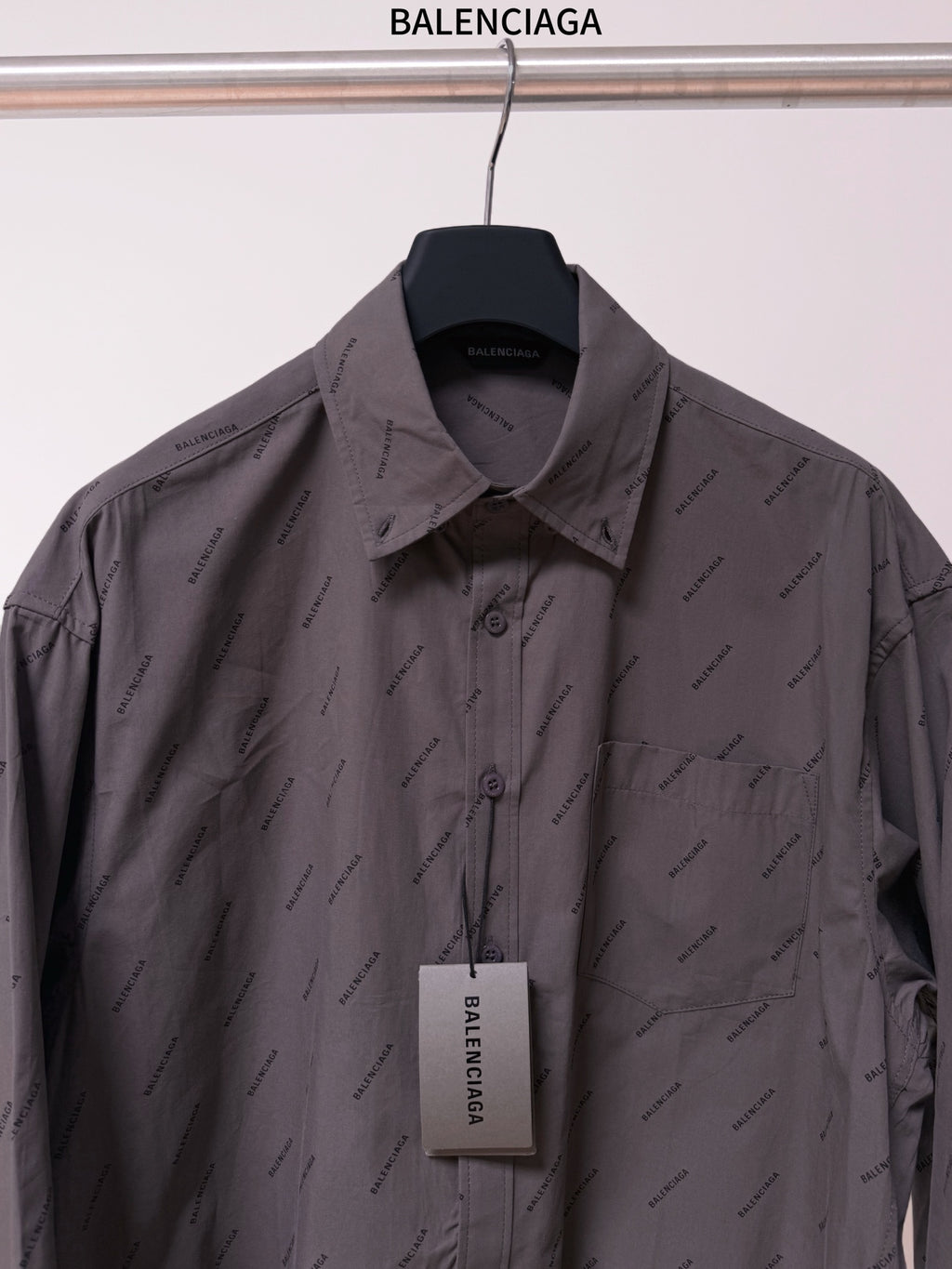 Balenciaga long-sleeve button-up shirt, dark gray, front collar and button placket