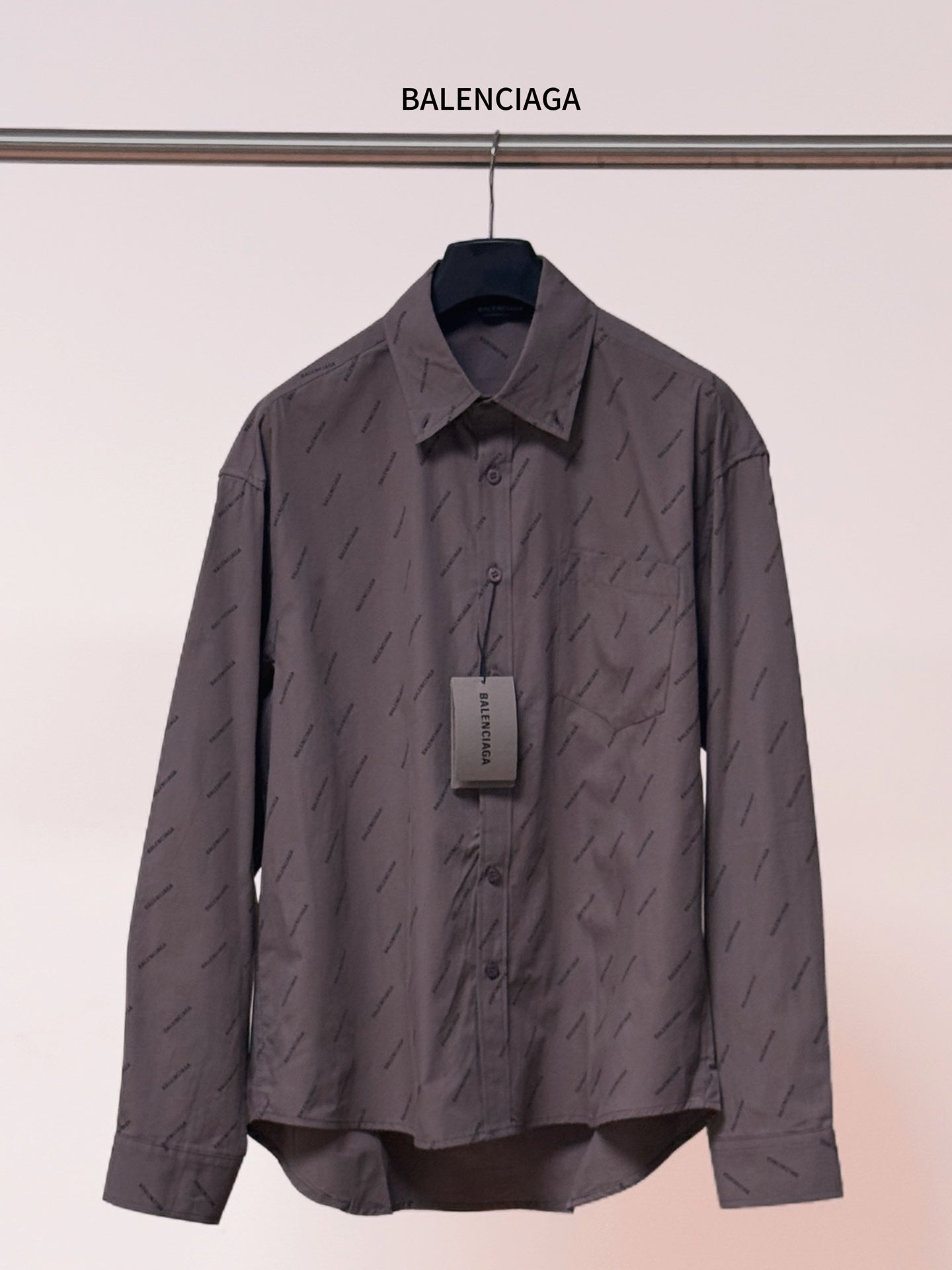Balenciaga long-sleeve button-up shirt, dark gray with allover logo pattern