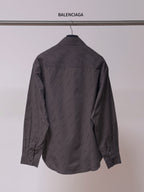 Balenciaga long-sleeve button-up shirt, dark gray, back view with allover logo print