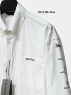 White Balenciaga button-up shirt with chest pocket and right sleeve logo print
