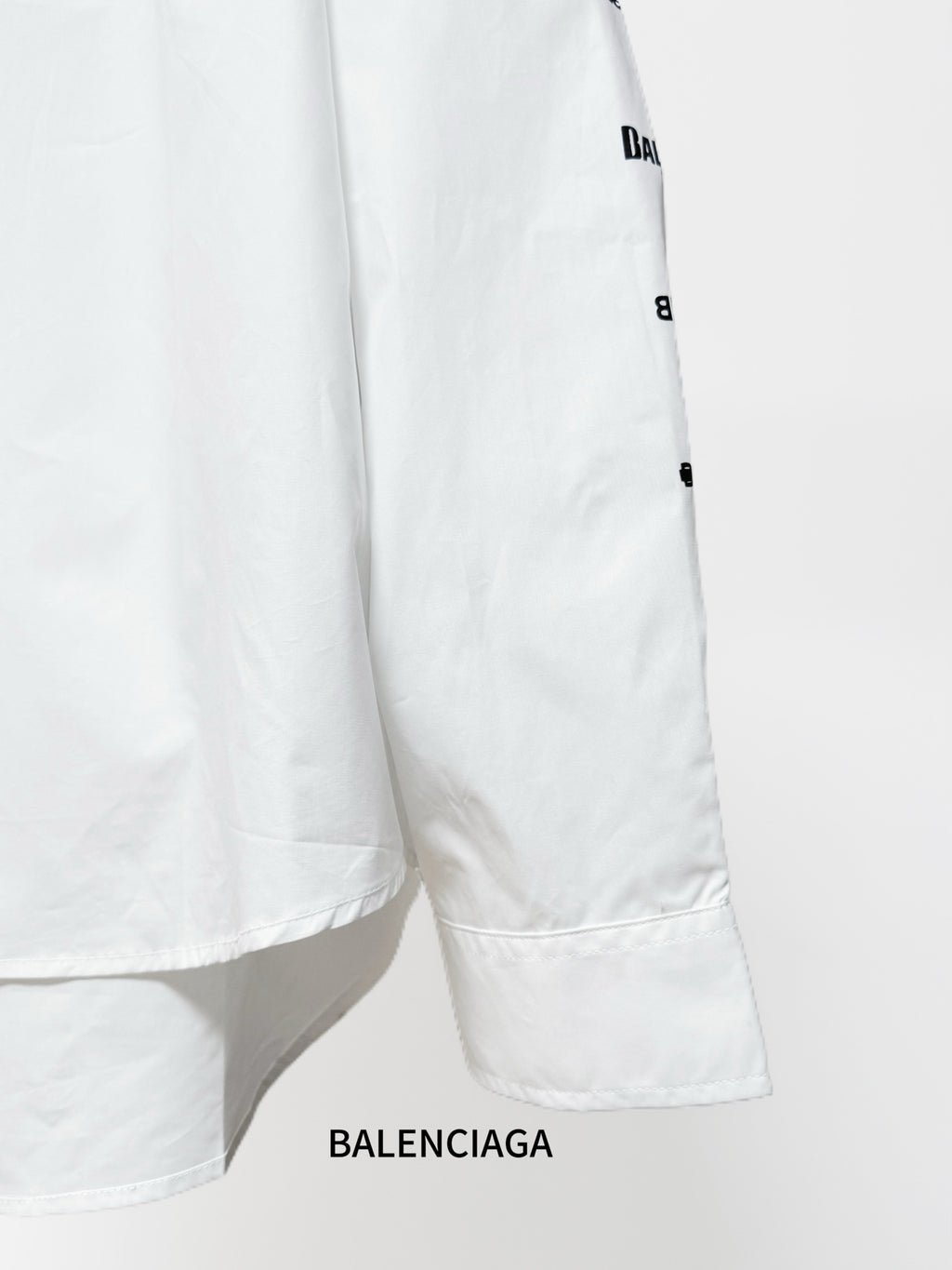 White Balenciaga long-sleeve shirt with logo print on sleeve and stitched hem