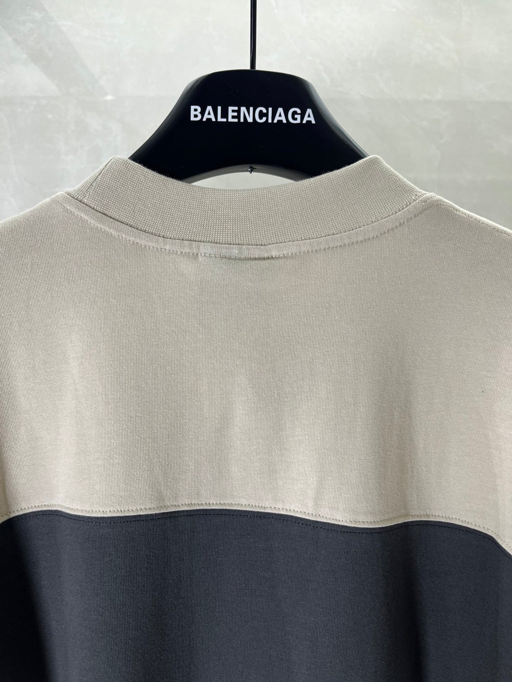 Balenciaga crewneck T-shirt, cream body with dark band near chest