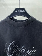Navy crewneck T-shirt with BALENCIAGA logo on inner neck and Getaria print.