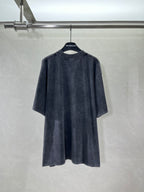 Navy crewneck T-shirt, back view, long graphic print across upper back.