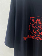 Navy Balenciaga T-shirt side view with red shield graphic and logo print