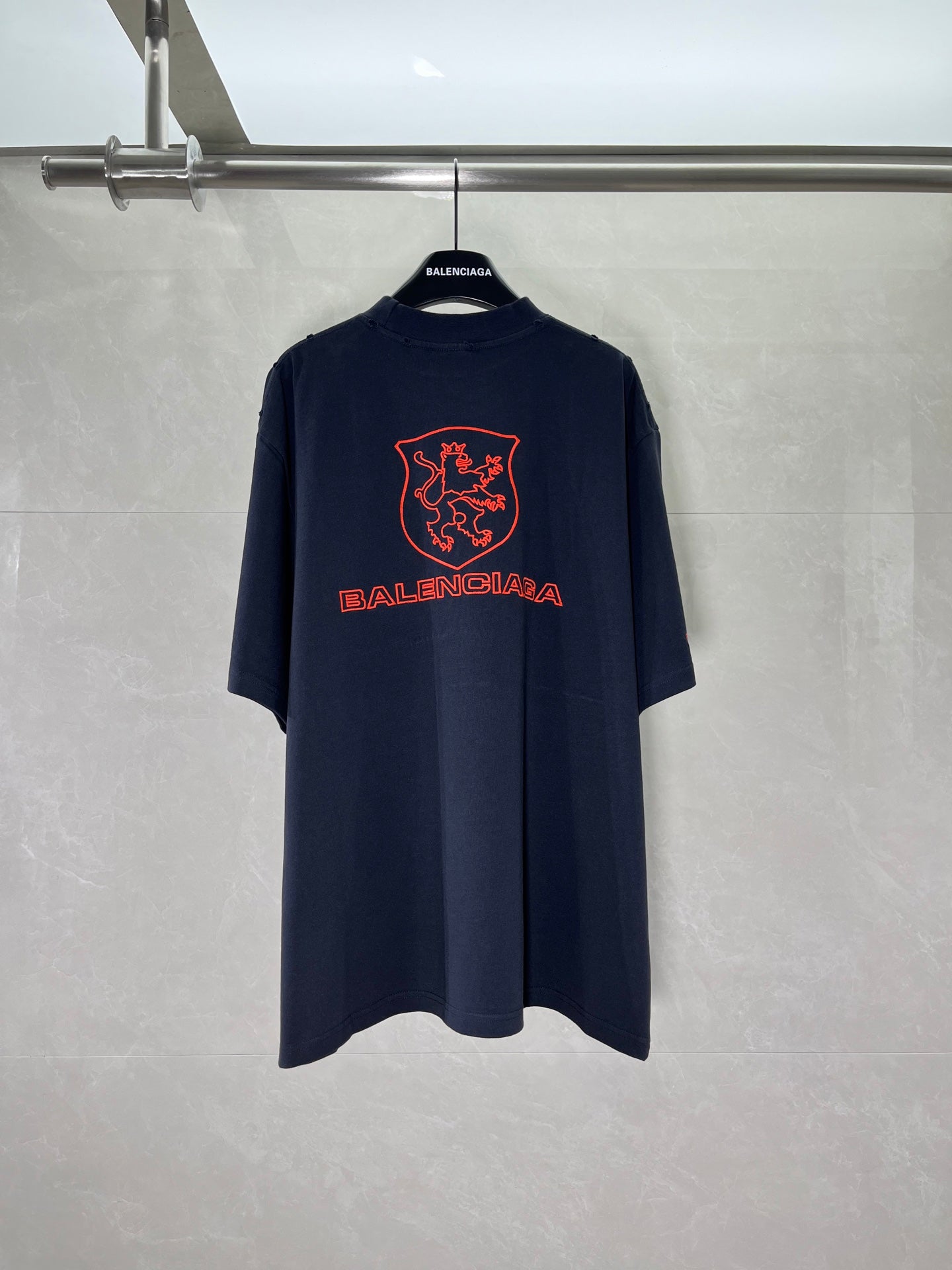 Navy Balenciaga graphic T-shirt, back view, crew neck and short sleeves
