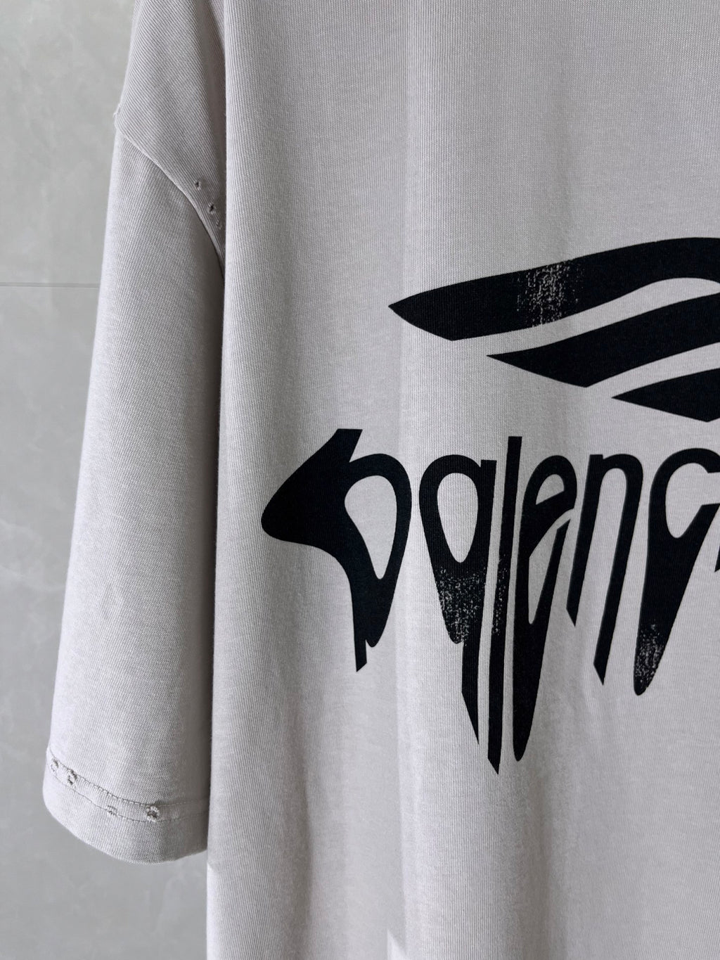 Balenciaga logo T-shirt sleeve and front print, light gray fabric, black logo