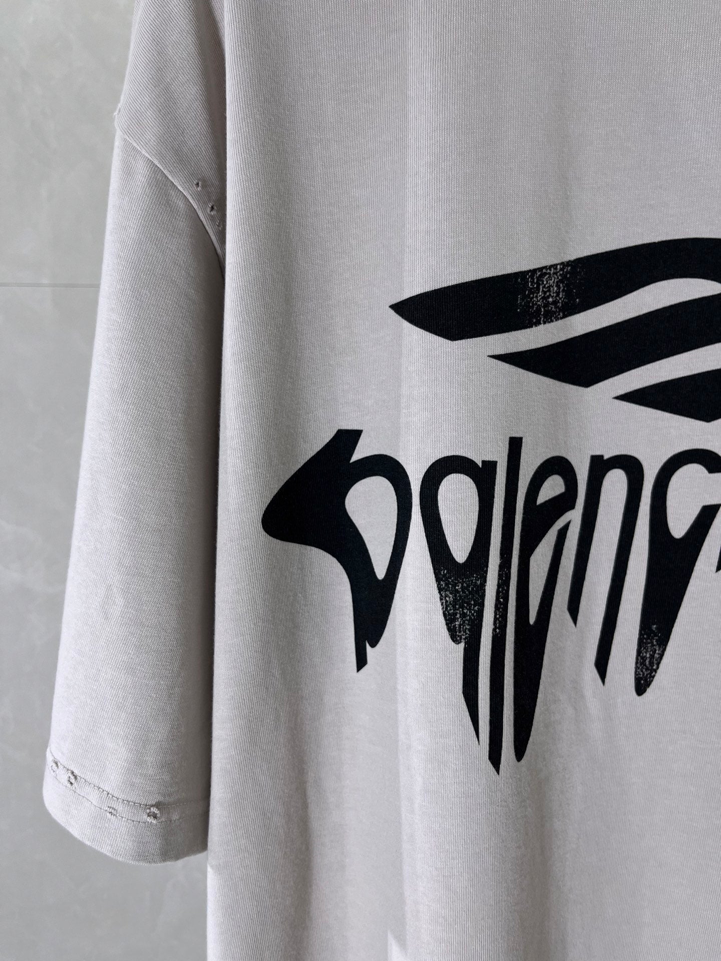 Balenciaga logo T-shirt sleeve and front print, light gray fabric, black logo
