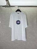 White Balenciaga T-shirt with short sleeves and round neckline, featuring a colorful disc graphic
