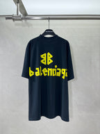 Balenciaga crewneck T-shirt, dark navy, neon yellow graphic logo lettering