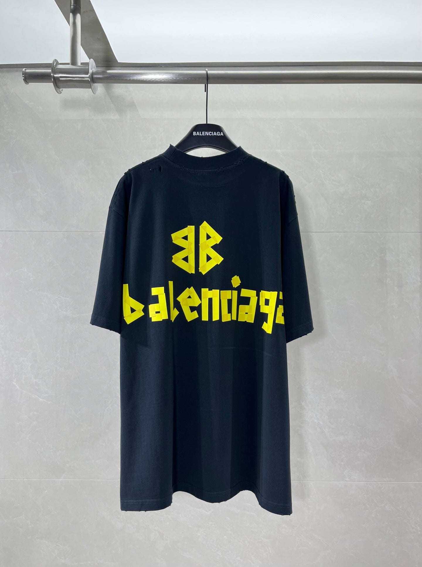 Balenciaga crewneck T-shirt, dark navy, neon yellow graphic logo lettering