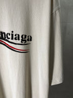 Balenciaga light cream T-shirt front panel with logo graphic and curved hem
