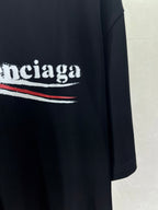 Black T-shirt with white BALENCIAGA text and red stripe graphic