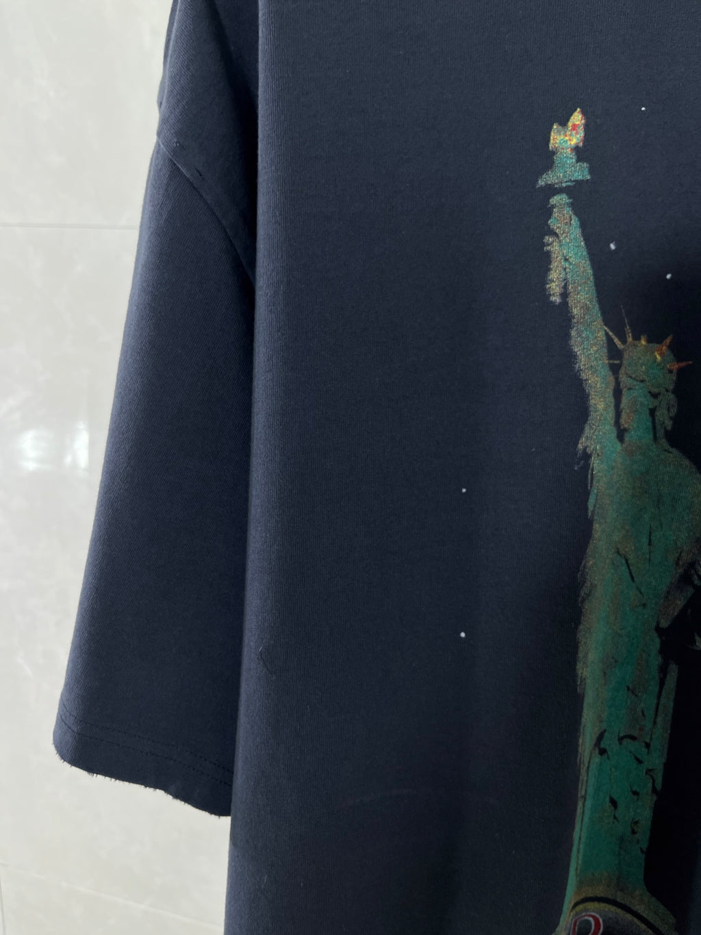 Navy Balenciaga crewneck T-shirt with large turquoise Statue of Liberty print
