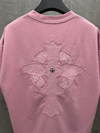 Pink crewneck T-shirt with large back cross embroidery