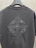 Dark gray T-shirt back with large winged cross embroidery crest