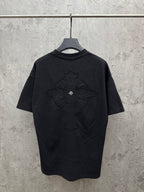 Dark crewneck short-sleeve T-shirt with large embroidered cross design on back