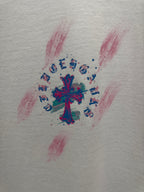 White T-shirt fabric with colorful cross graphic and musical notes