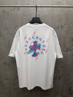 White graphic T-shirt with colorful back cross-style print