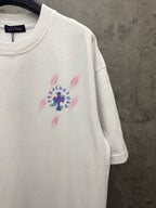 White T-shirt showing short sleeves and small chest graphic