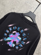 Black short-sleeve T-shirt with large neon music graphic across back