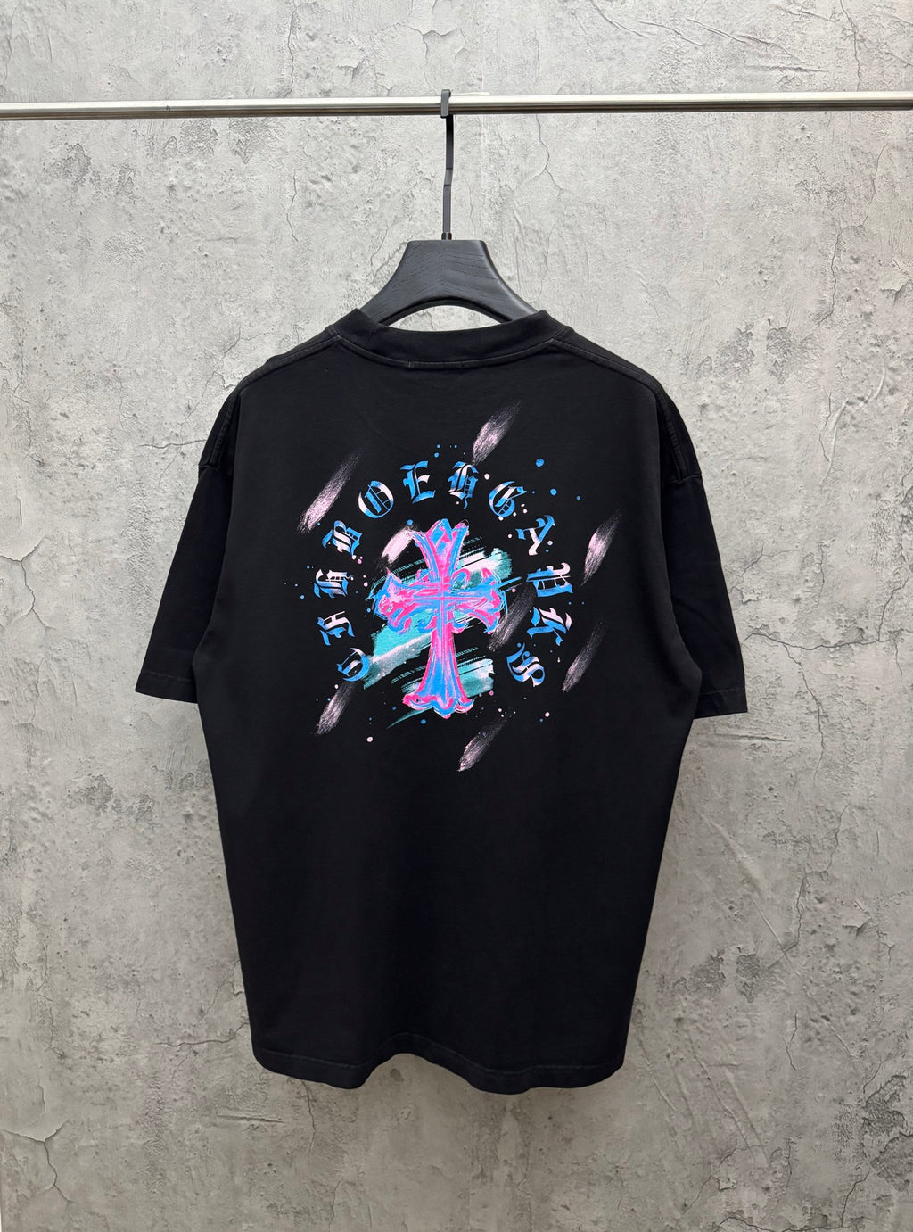 Black short-sleeve T-shirt with large neon music graphic on back