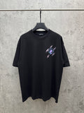 Black short-sleeve T-shirt with neon music graphic on chest