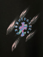 Neon music graphic on black T-shirt with pink and blue streak details