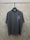 Dark gray short-sleeve T-shirt with small colorful cross graphic at chest