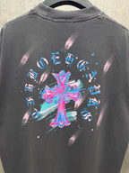 Dark gray short-sleeve T-shirt back view with large colorful cross graphic