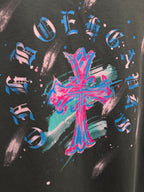 Dark gray T-shirt close-up of large colorful cross graphic on back