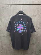 Dark gray short-sleeve T-shirt with large colorful cross graphic on back