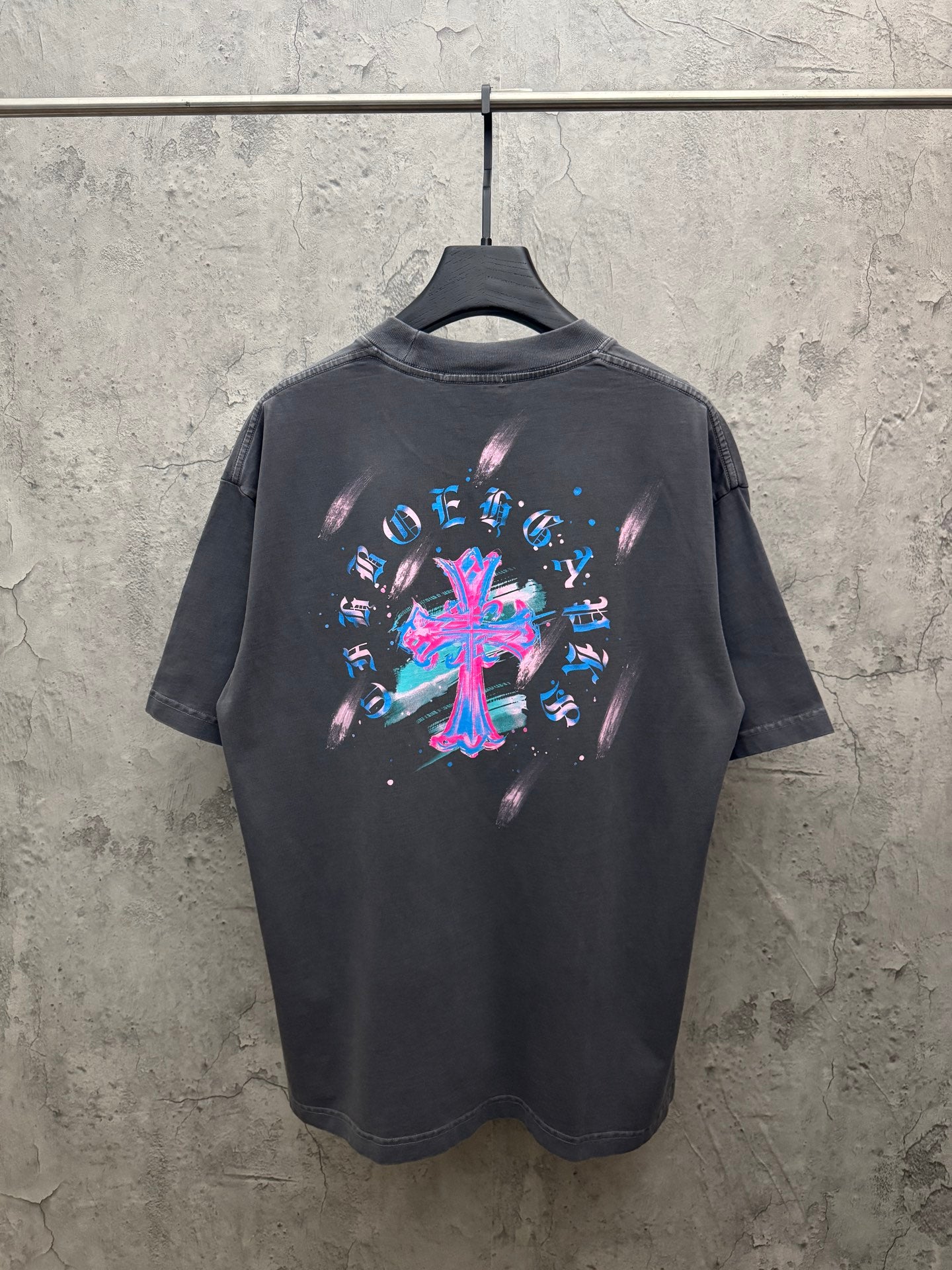 Dark gray short-sleeve T-shirt with large colorful cross graphic on back