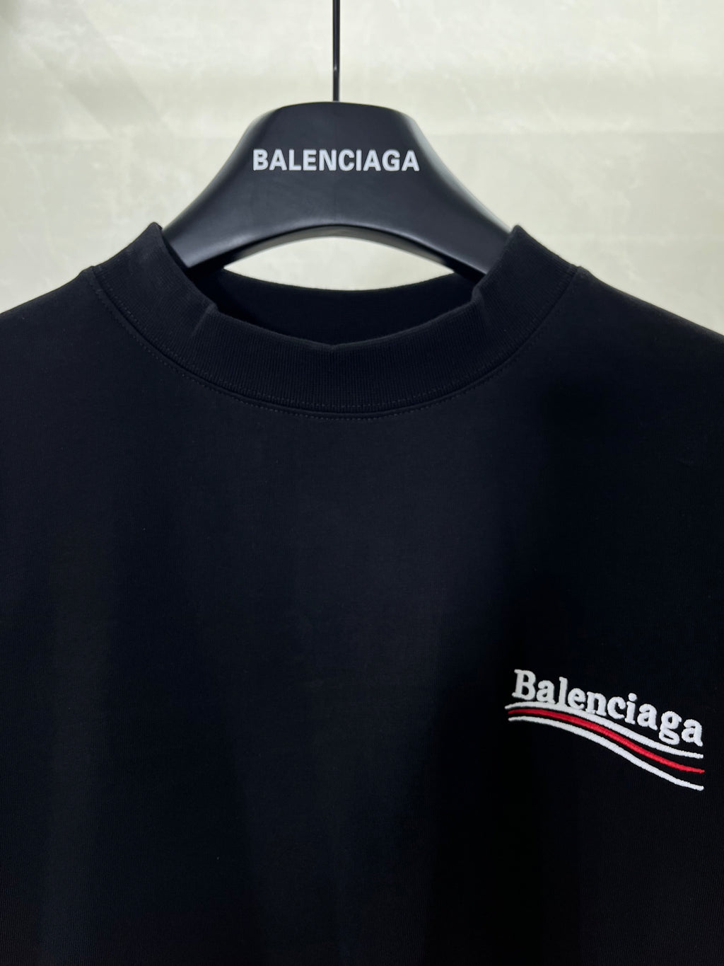 Balenciaga black T-shirt neckline, small chest logo patch