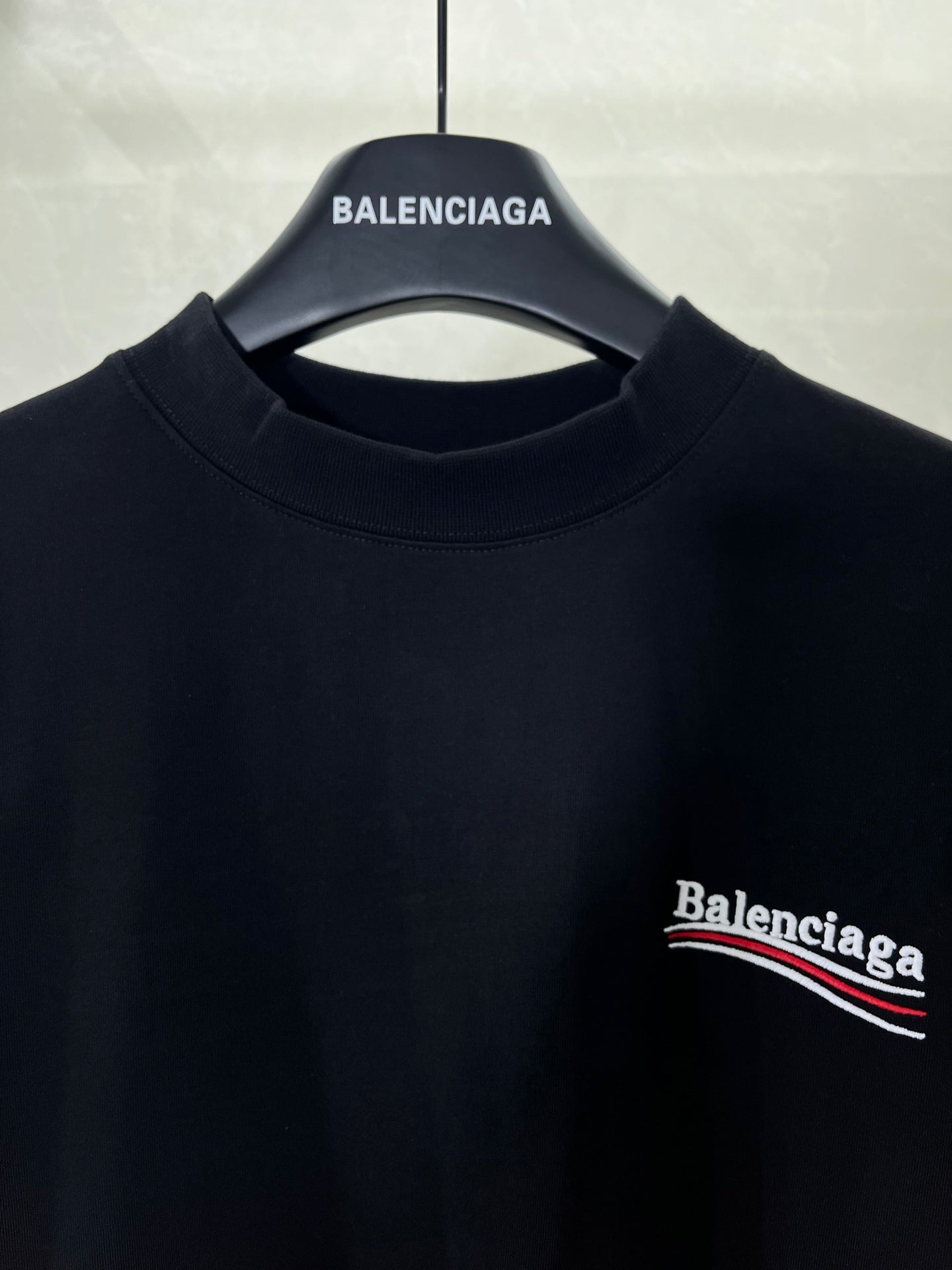 Balenciaga black T-shirt neckline, small chest logo patch