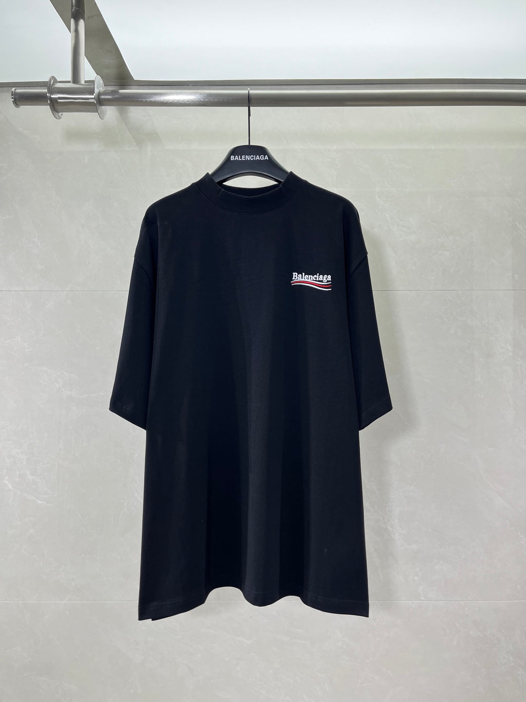Balenciaga black short-sleeve T-shirt, small chest logo patch
